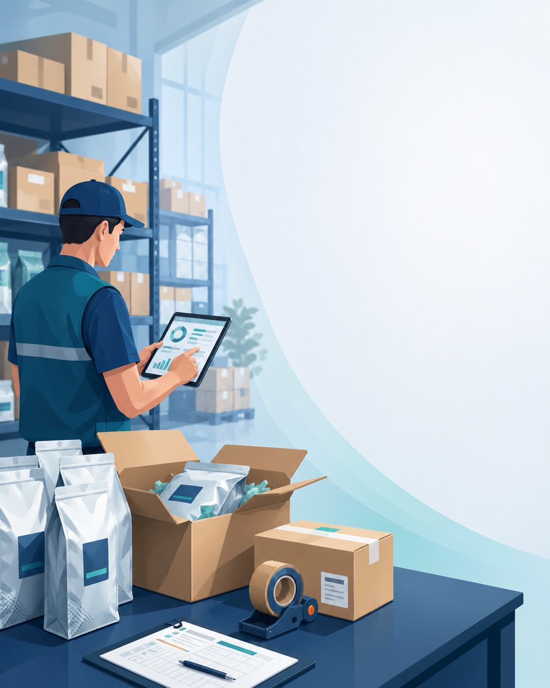 Warehouse worker reviewing packing data
